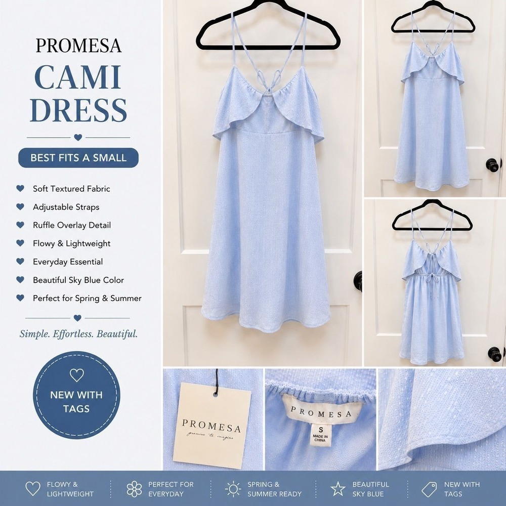 Promesa Cami Dress Sky Blue Ruffle Overlay Textured Summer Mini Small NWT